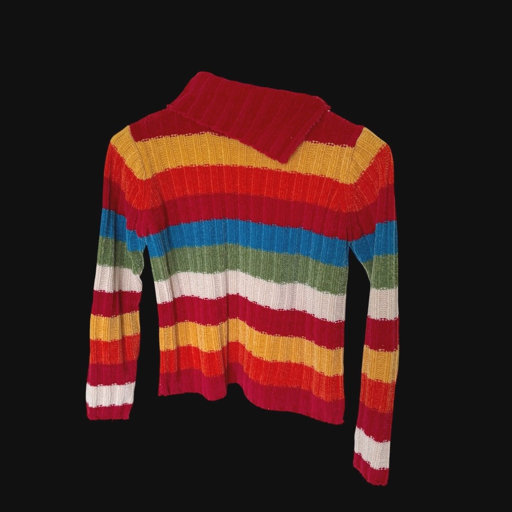Y2K Energie Rainbow Stripe Chenille Ribbed Turtleneck Sweater Red Multi Large